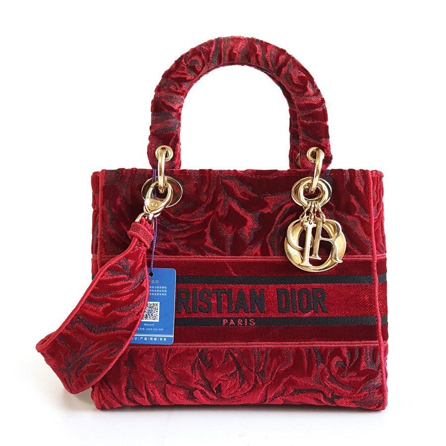Dior Dior迪奥Lady Dior手袋红色丝绒刺绣五格戴妃宽肩带手提单肩包女士 - 95新