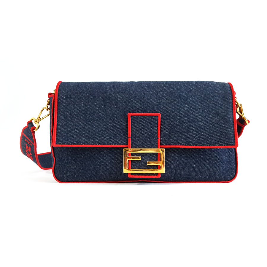 Fendi FENDI芬迪8BR771大号蓝色拼红色牛仔Baguette法棍单肩斜挎包中性款 - 95新